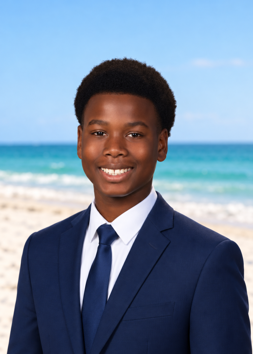 Christian, best man, with a sunny beach background